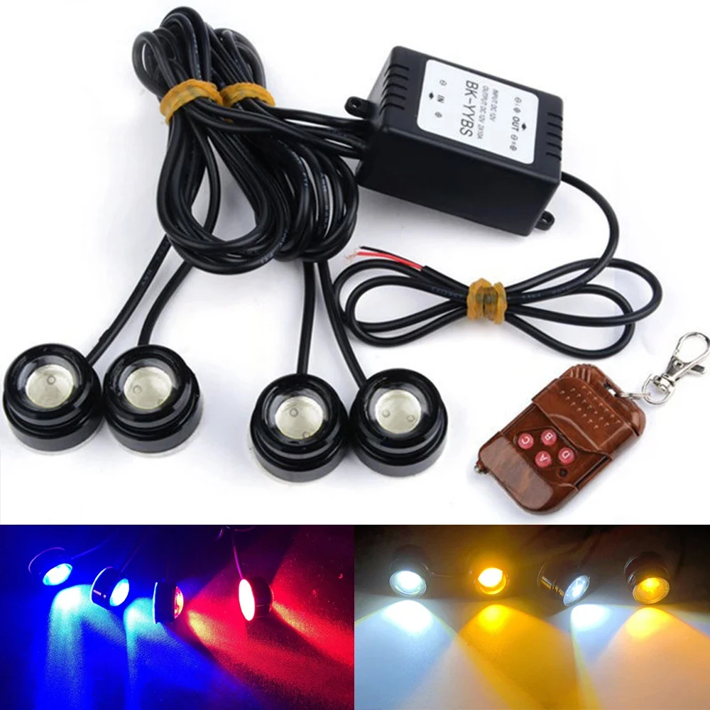 

4 in 1 Car LED Eagle Eye Emergency Warning Strobe Light Wireless Remote Control Day Running Light DRL For Truck Motorcycle 12V