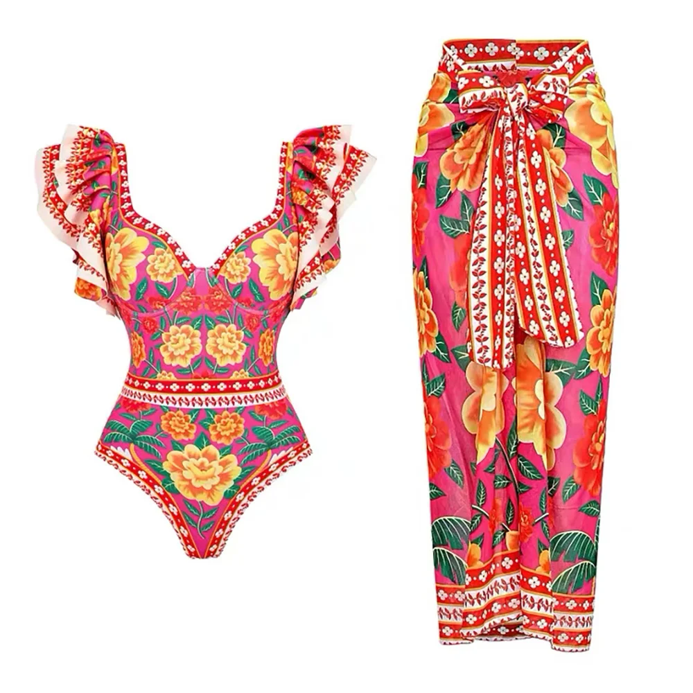 New Sexy One-piece Swimsuit High Waist Bikini  Women's Printed Swimsuit Wrap Skirt Set Swimwear Beachwear Cover Up