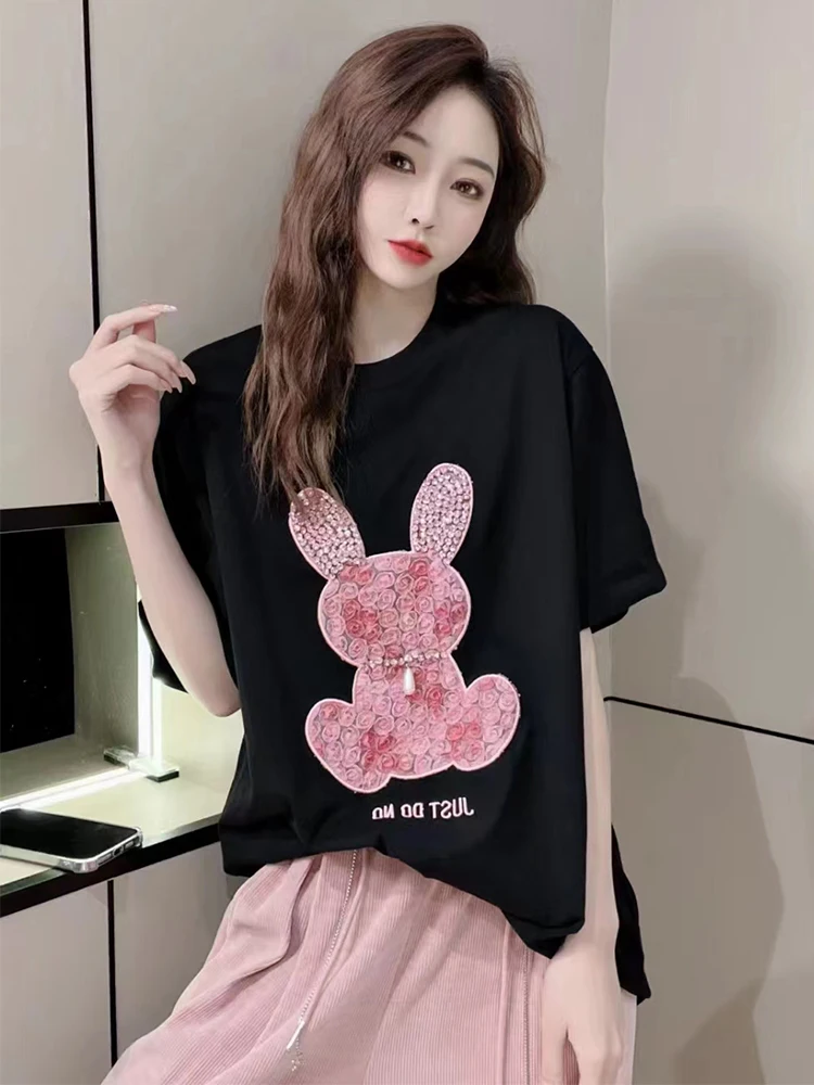 

Heavy Industry Rabbit Diamond Short-Sleeved T-shirt Large Size Mid-Length Summer New Large Size Top for Women
