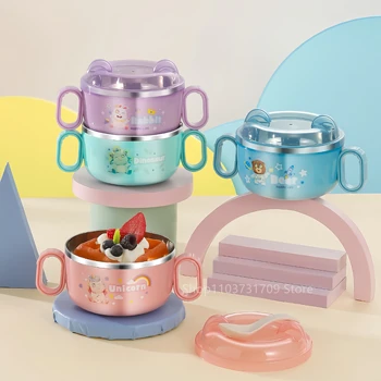 Filles portable en acier inoxydable pour enfants, boîte à lunch pour enfants, boîtes à bento micro-ondes avec poignée pour enfants, récipient de stockage des aliments à l'école, 304 1