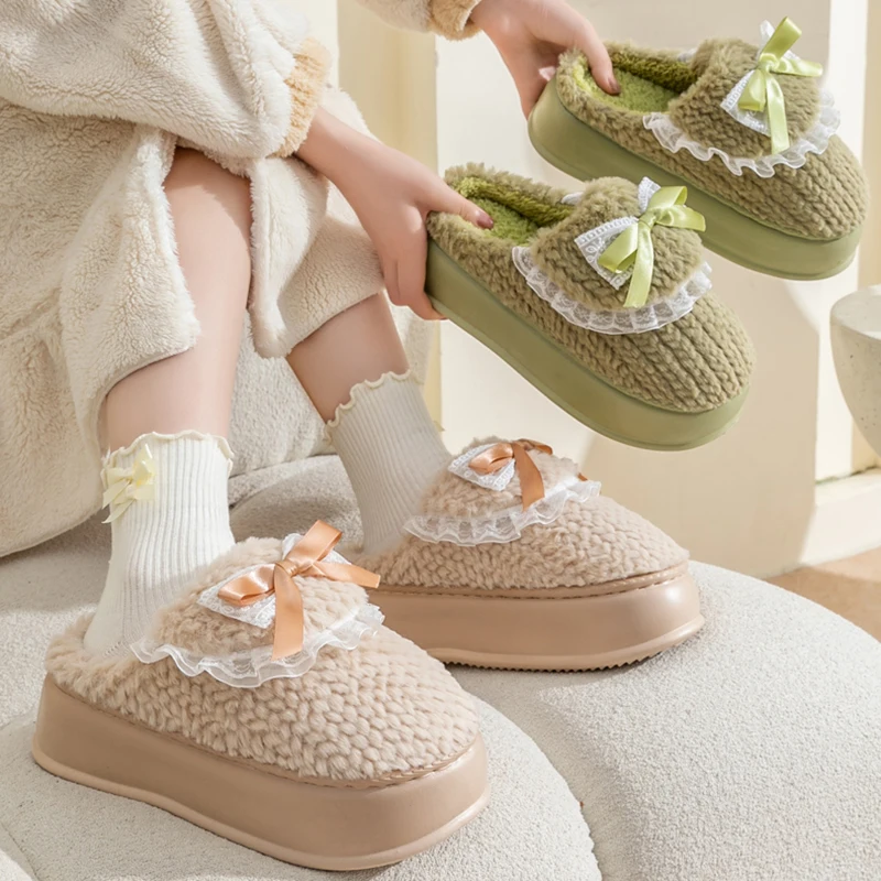 Sweet Bowknot Platform Cotton Slippers Women Indoor Thick Bottom Warm Fluffy Slides Woman Anti Slip Soft Sole Home Slippers