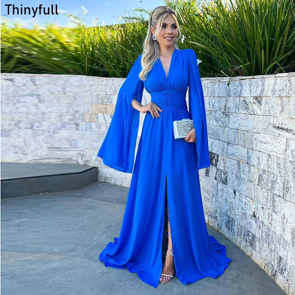 

Женское шифоновое платье-трапеция Thinyfull, элегантное вечернее платье с V-образным вырезом, длинными рукавами и разрезом, для официального мероприятия, женское платье