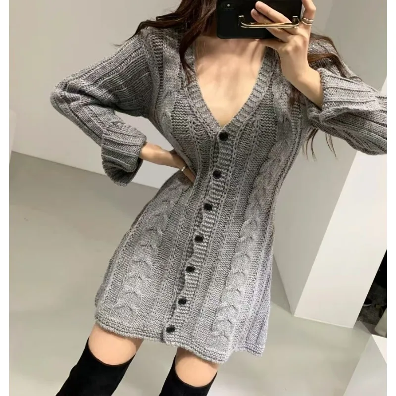 Korean Fashion Long Sleeve Slim Fit A-line Casual Party Dress V-neck Twist Single-breasted Sweater Knitted Short Dress Female