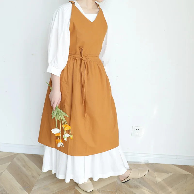 

Apron Export Summer Thin Japanese and Korean V-neck Sleeveless Splash Proof Breathable Solid Color Adult Cotton Apron