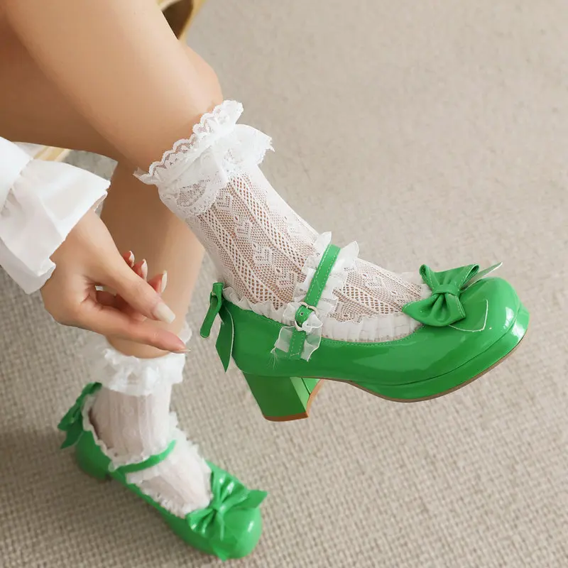 

Bright Green Purple Yellow Pink Sweet Girls Lolita Shoes Spring Lace Ruffles Bowtie Knot Platform Mary Janes JK Heels Size 33-48