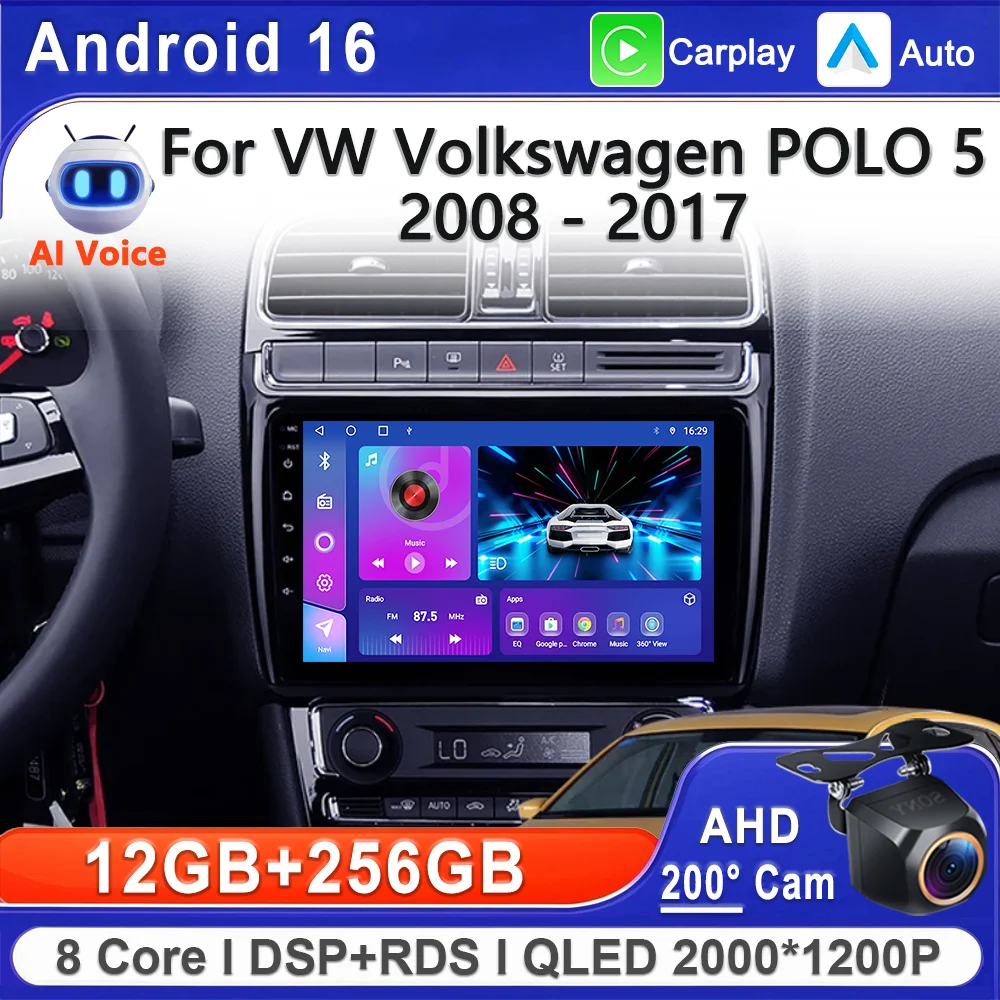 Android 16 Carplay Auto For VW Volkswagen POLO 5 2008 - 2017 Car Radio Multimedia Video Player Navigation GPS No 2Din 2 Din DVD 1