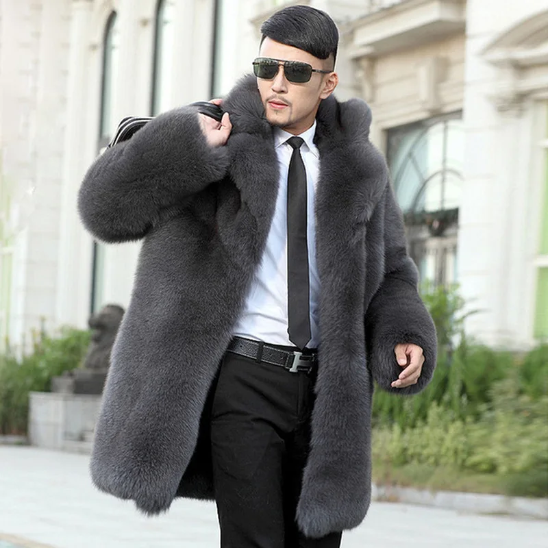 Luxury Brand Thick Warm Faux Fur Coat Men Long Sleeve Mid-length Fur Coat Business Fashion Snowwear