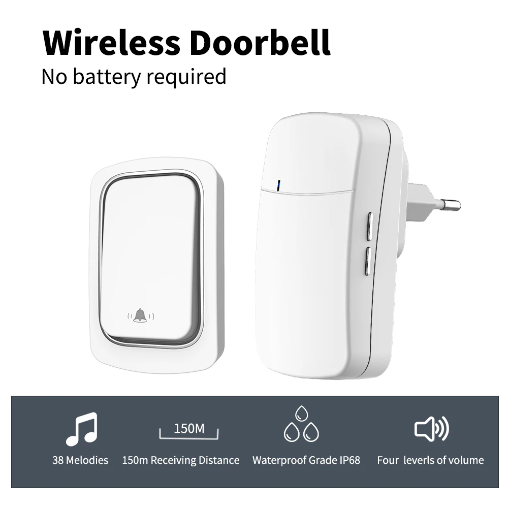 SIXWGH Self-Powered Wireless Doorbell No Battery Required Home Doorbell Long Distance 38 Melodies 4 Volume Levels