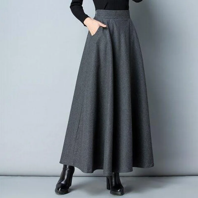 Winter Women Long Woolen Skirt Fashion High Waist Basic Wool Skirts Female Casual Thick Warm Elastic A-Line Maxi Skirts O839