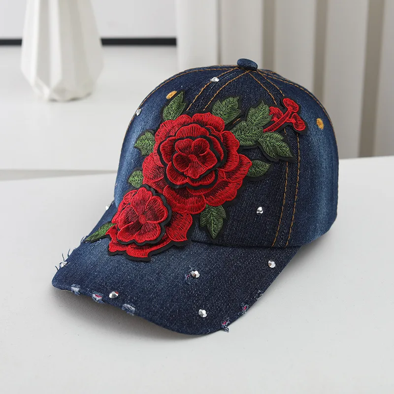 Women Rhinestone Rose Flower Embroidery Baseball Cap Washed Cotton Floral Denim Hat Casquette Adjustable Jean Snapback Caps