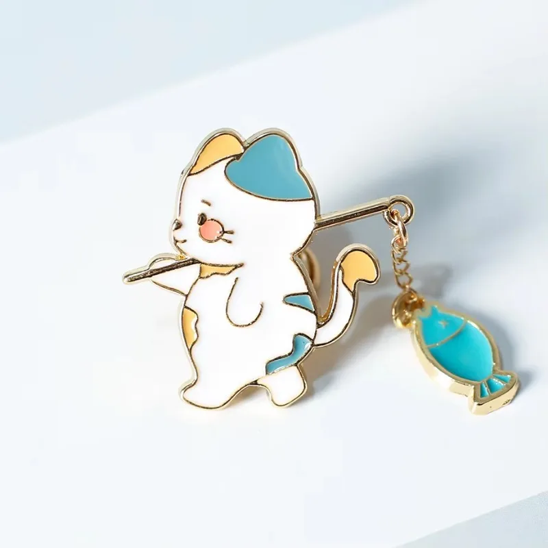 New Fashion Creative Cat Fishing Design Metal Brooch Cartoon Cute Animal Badge Pin Best Friend Gift Anime Pins Backpack Pins