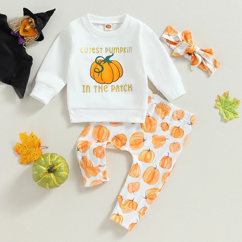 

2023-07-06 Lioraitiin 0-3Years Baby Girls 3Pcs Halloween Clothes Pumpkin Print Long Sleeves Sweatshirts Pants Headband Outfits