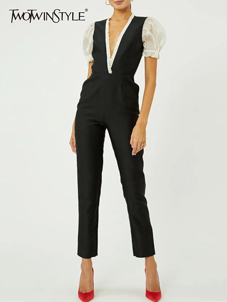 

TWOTWINSTYLE Casual Patchwork Colorblock Jumpsuits For Women V Neck Short Sleeve High Waist Jumpsuit Female Korean Fashion New