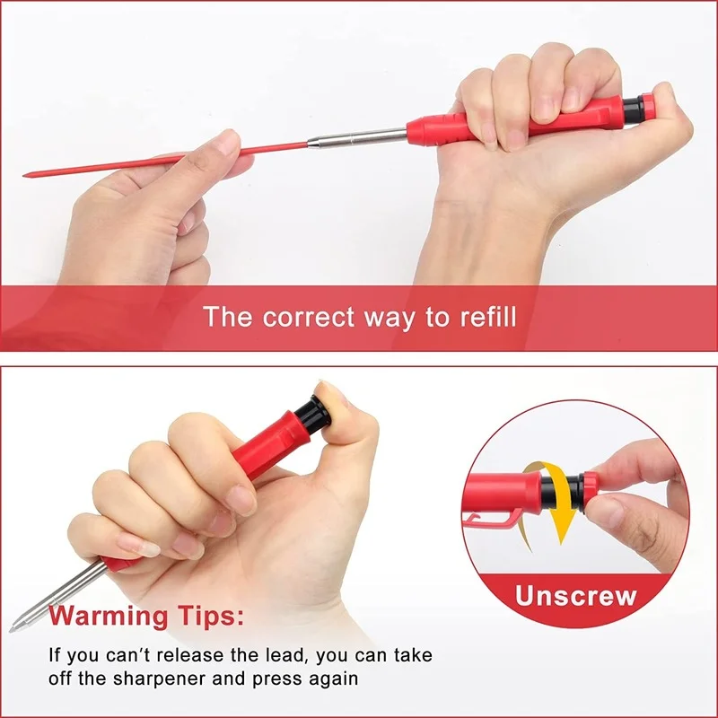 Solid Carpenter Pencil Set carpenter pencil With 6 Refill Leads Built-in Sharpener Marking Tool Woodworking Deep Hole Mechanical Pencils