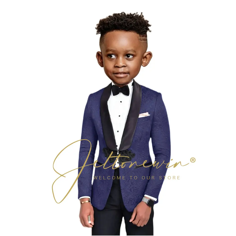 Boys Suit Wedding Tuxedos 2 pieces Blazer Pant Party Flower Kids Shawl Lapel Clothes Royal Blue Floral Jacket Formal Set