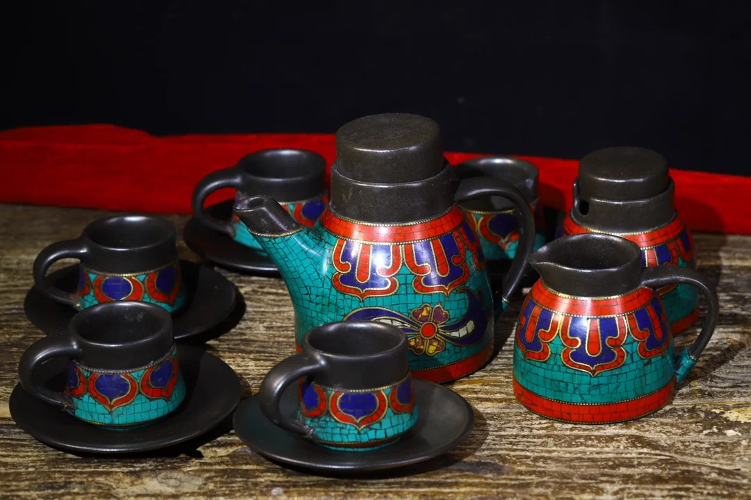 

6"Tibetan Temple Collection Old Purple clay Teapot Mosaic Turquoise Coral Tea Set Water kettle Tea Cup Amass wealth Ornaments