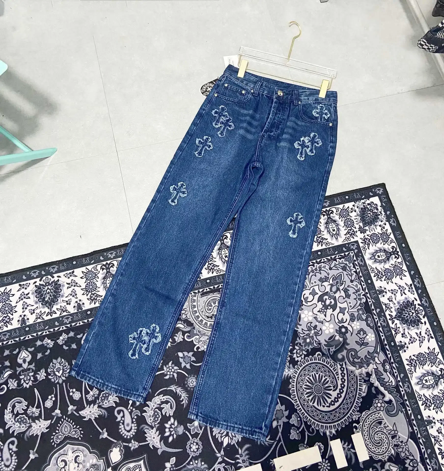 

2024 Tide Chrome Hearts fashion 1:1 spot casual pants micro-stretch mid-waist blue teenage denim cotton drawstring pants