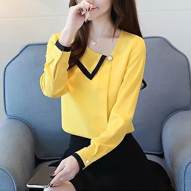 Skew Collar Contrast Color Elegant Chic Beaded Fashion Top Blouse Women 2023 New Spring Autumn Casual Long Sleeve Chiffon Shirts