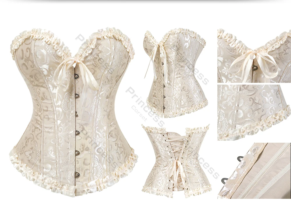 Viktorianisches Korsett-Oberteil in Übergröße, Überbrustkorsetts für Damen, sexy Korsett-Bustier, Schnürkorsett aus Jacquard, Y2K, Weiß, Rosa – Detail 13