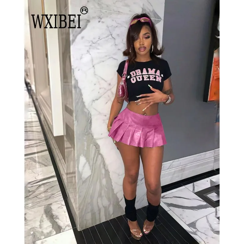 

WXIBEI PU Leather Solid Pleated Fold Mini Skirt Hight Waist Sexy Women Skirts Streetwear Party Club Skirt Summer 2023 New FC856