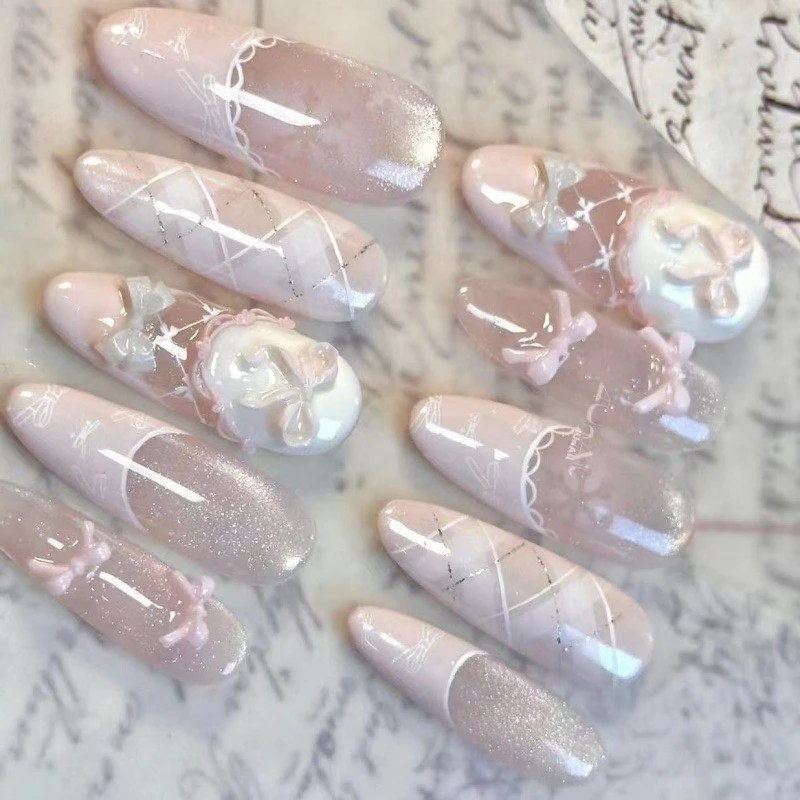 Luxury Handmade Press On Nails Long Coffin Cat Eye French Fake Nails Coquette Bow Star Diamond Pearl Sweet Reusable False Nails
