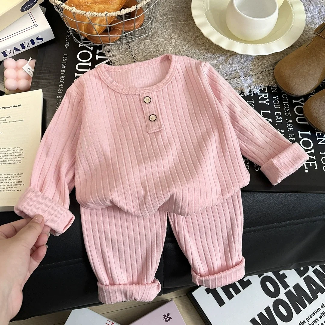 2Pcs Baby Ribbed Pajama Set Long Sleeve Buttoned Top and Pants Outfit Toddler Boys Girls Soft Cotton Sleepwear for Spring Autumn