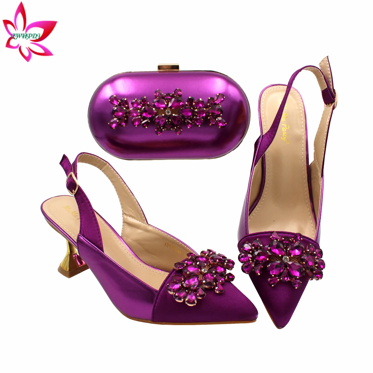 

2022 New Design Purple Color Matching Shoes and Bag Set African Pointed Toes High Heel in Mature Ladies Party