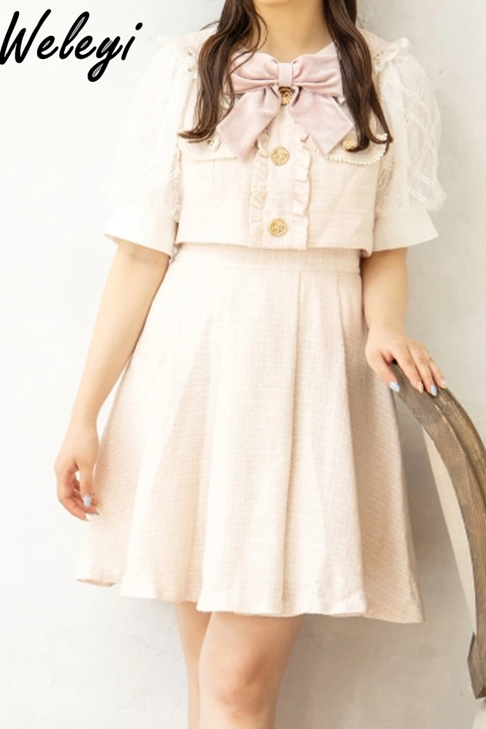 

Kawaii Jirai Kei Dress for Woman 2024 Spring and Summer Preppy Style Sweet Fake Two Short Sleeve Bowtie Midi Dresses Students