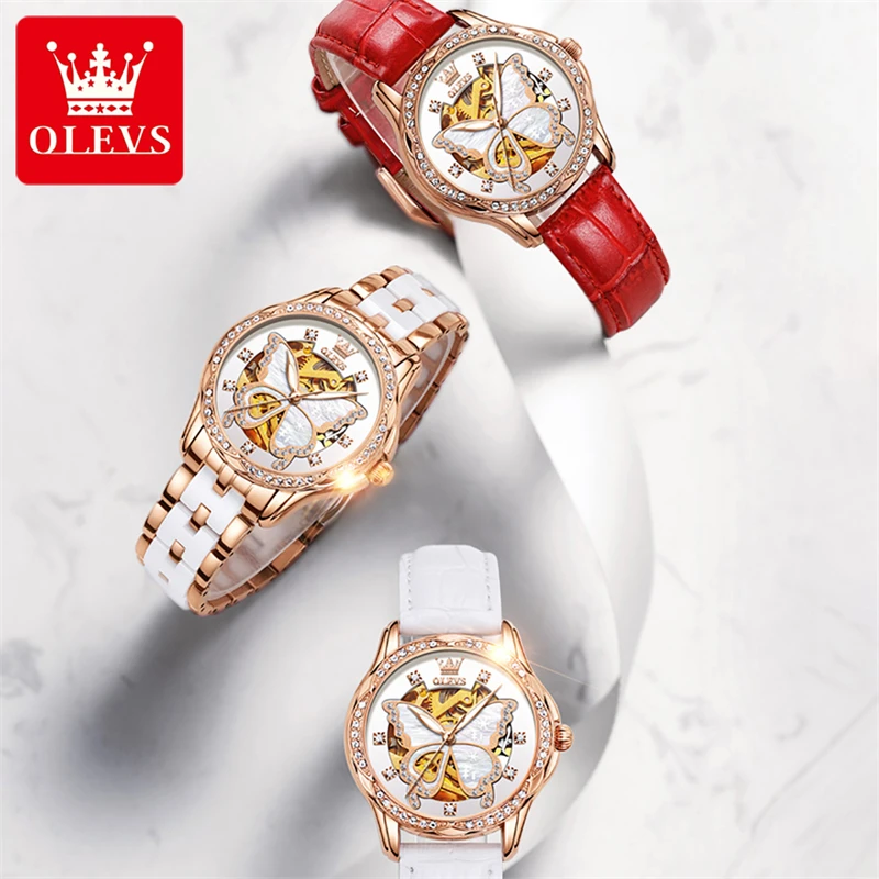 OLEVS Brand New Luxury Ceramic Mechanical Watch for Women Waterproof Fashion Butterfly Dial Diamond Watches Womens Montre Femme