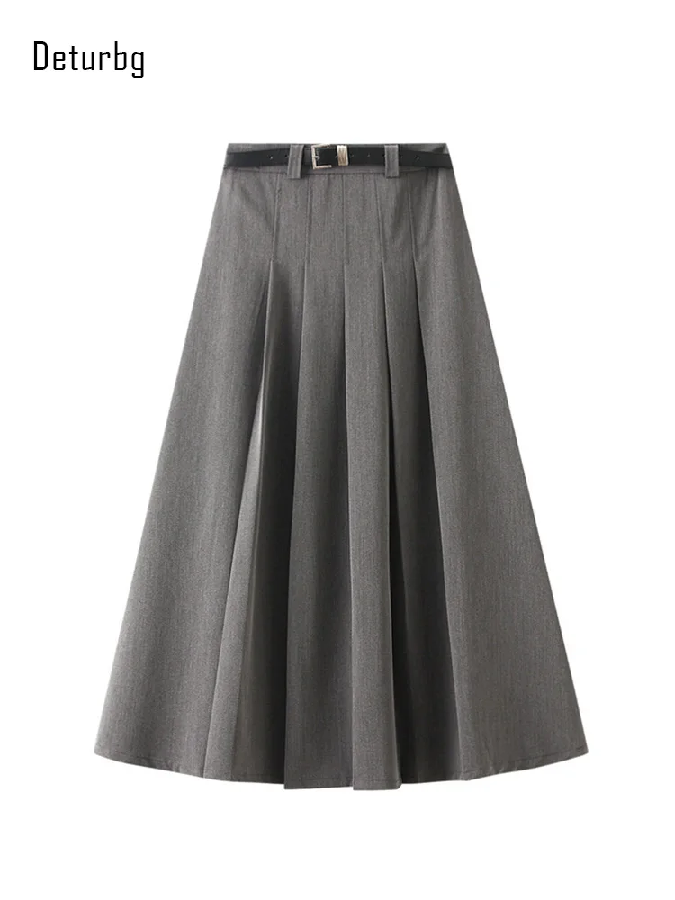 

Women's Vintage Pleated Long Skirt With Belt Korean Fashion High Waist Side Zipper Formal Office A-Line Skirts 2023 Autumn K335