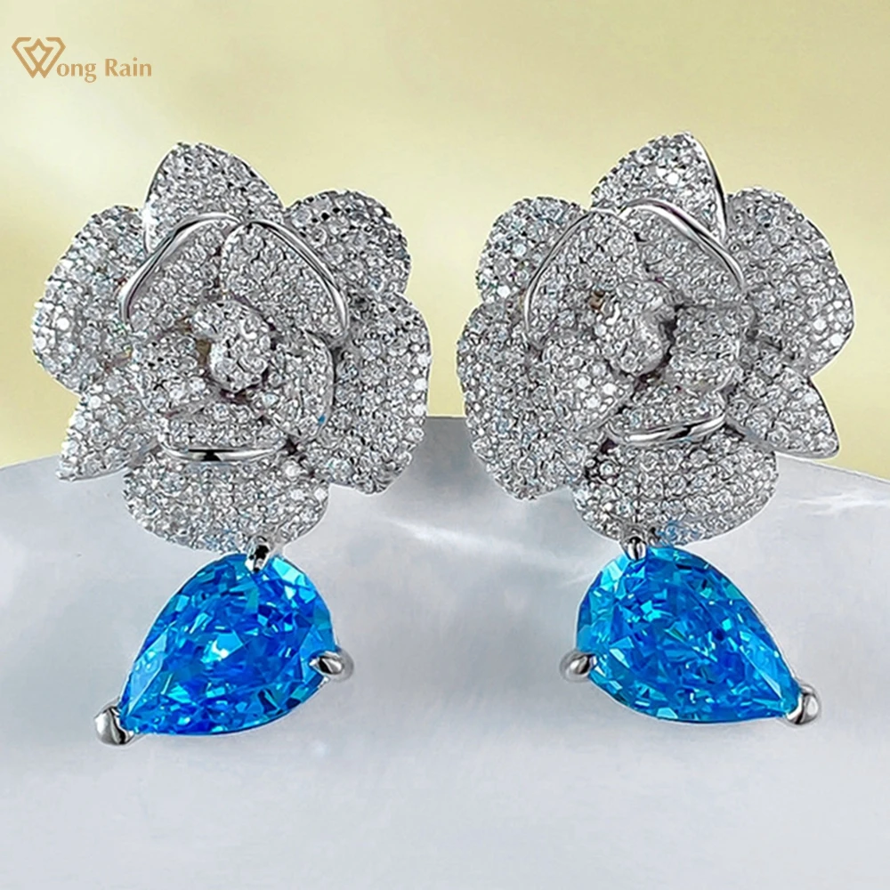

Wong Rain Luxury 100% 925 Sterling Silver 7*10 MM Pear Cut Aquamarine High Carbon Diamond Gemstone Flower Drop Earrings Jewelry