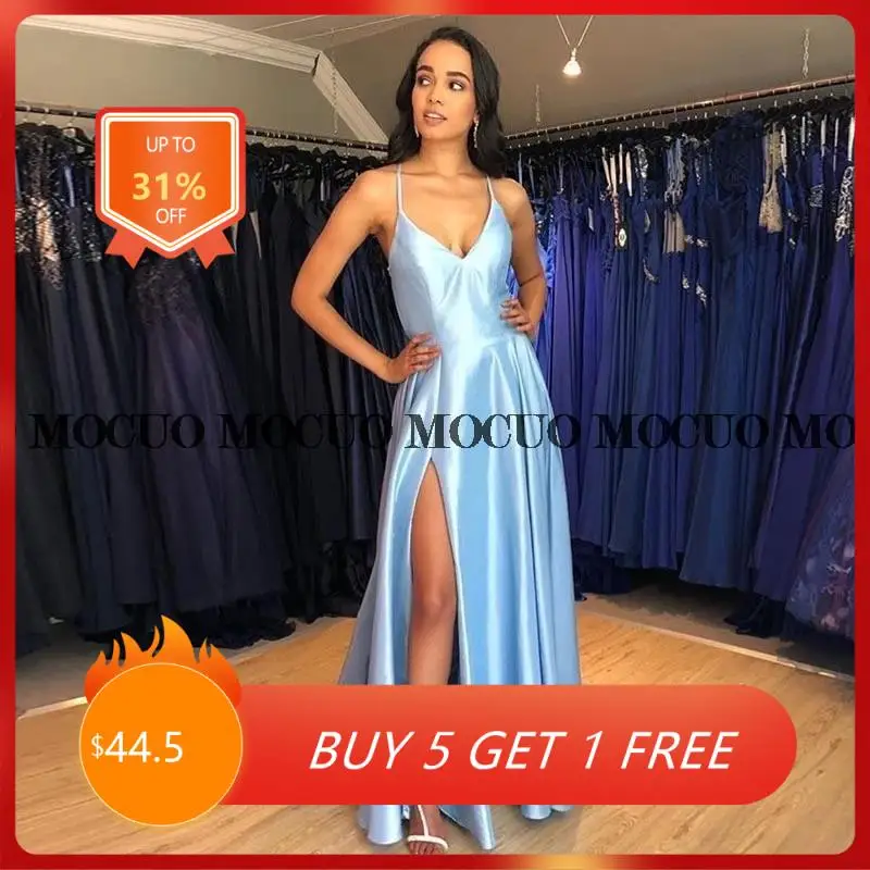 

2022 Simple Long Evening Dress Light Sky Blue Satin Vestido De Noite Crisscross Back Women Occasion Formal Evening Party Gowns