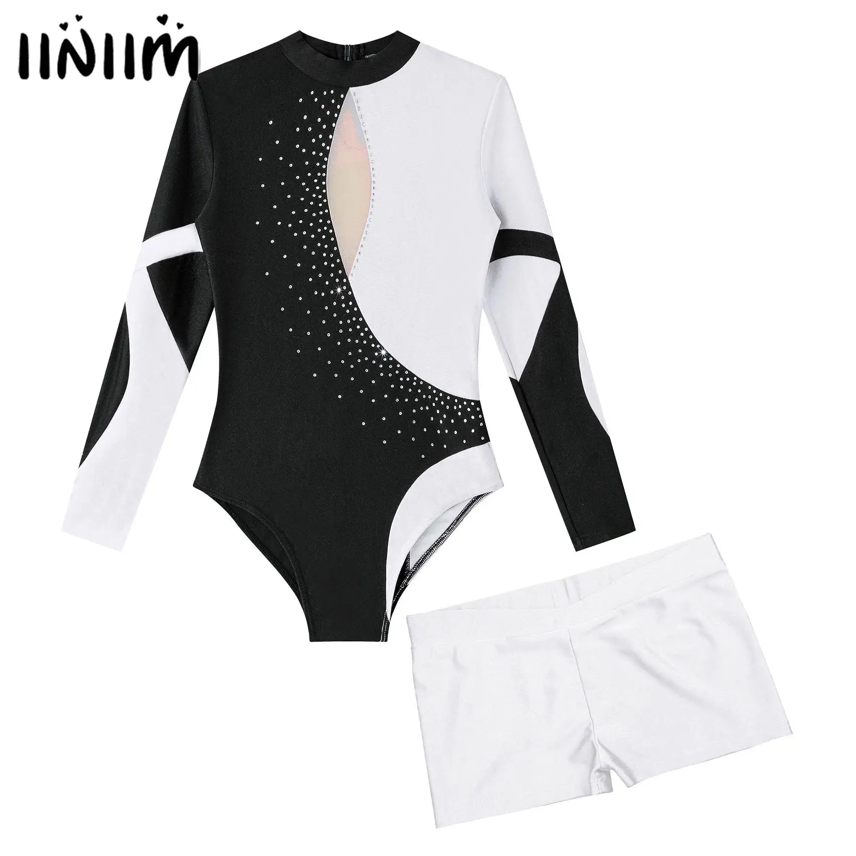 

Kids Girls Gymnastic Ballet Leotards Dance Costume for Figure Skating Long Sleeve Shiny Rhinestones Leotard Jumpsuit with Shorts