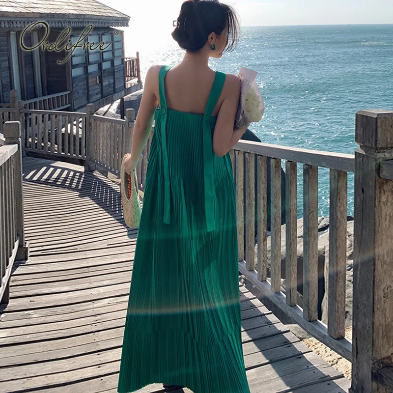 

Ordifree 2022 Summer Women Long Pleated Dress Spaghetti Strap Green Maxi Beach Dress Vocation Tank Dresses