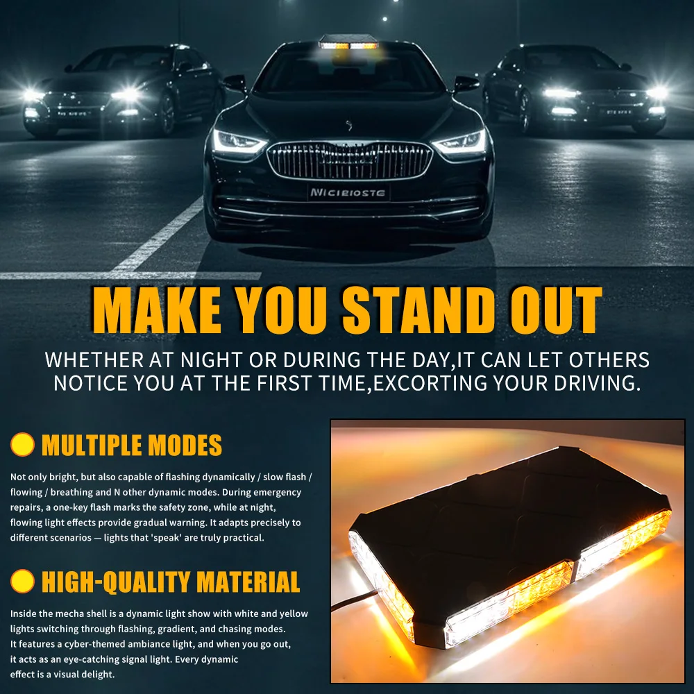 48LED Car Led Strobe Light Roof Top Flash Emergency Warning Lights 12-24V 4 Side Auto Stroboscopes with Magnet for SUV Vehicle