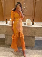 Robe longue maxi à imprimé floral, col en V à volants, cintrée à la taille, à simple boutonnage, avec fente, pour soirée, plage et vacances 2026 3
