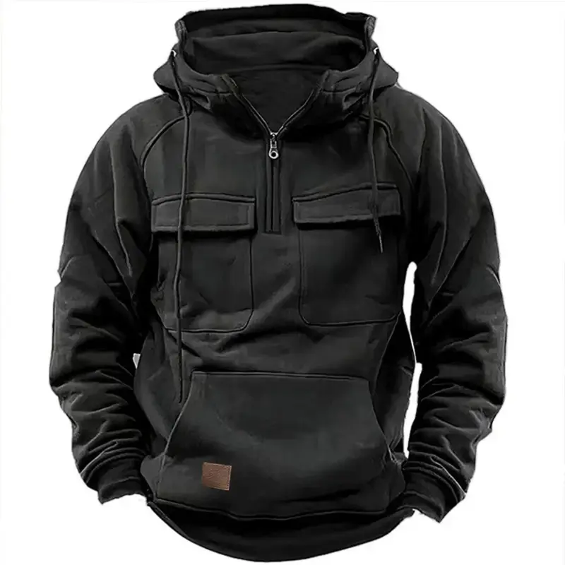 New Autumn-Winter Men's Hooded Solid-Color Casual Hoodie - Fashionable Young Man's Multi-Pocket Patch Hoodie Pullover Shirt - Image 2