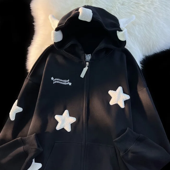 [GRAVER]★25SS★韓国人気★OF-STARCAT SWEATSHIRT Sweet Street Star-shape Embroidery Kawaii Hoodies Coats