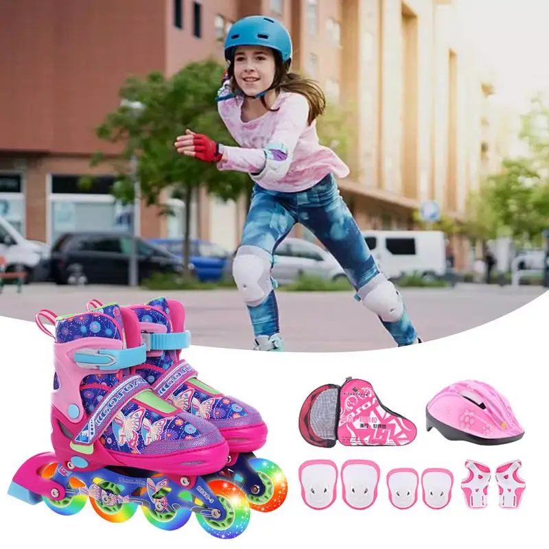 

Children Roller Skating Shoes Kids Single Row Roller Skates Boy's Girl's Size Adjustable 4 Wheels Flash With Protective Gear