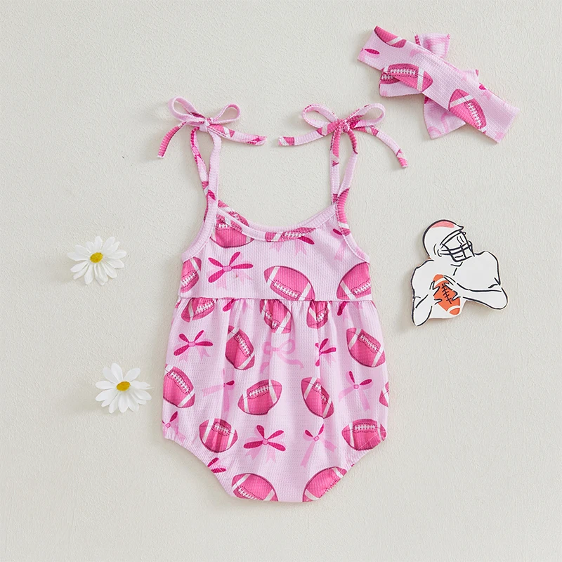 Citgeett Summer Infant Baby Girl Football Outfit Bow Rugby Print Shoulder Bodysuit Bow Headband Clothes Set 3