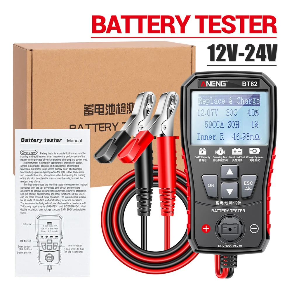

Автомобильный анализатор аккумулятора BT82, цифровой автомобильный диагностический прибор, универсальный тестер для аккумуляторов 12-24 В