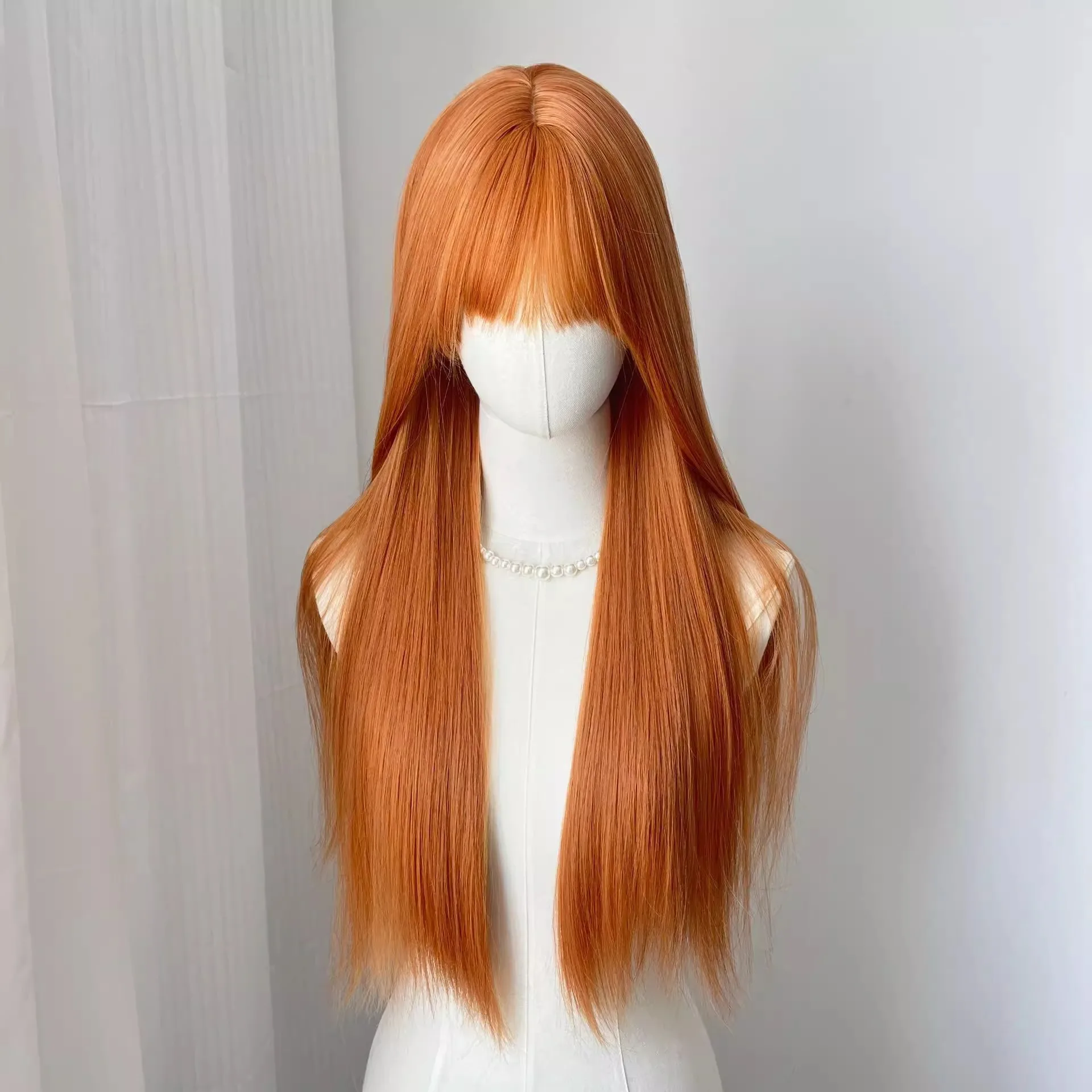 Orange synthetic wig with long straight hair - Halloween party cosplay wig - everyday wig - high-temperature hair accessory