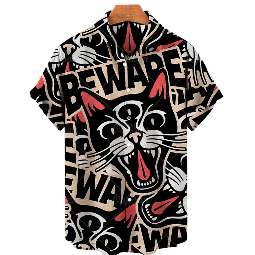 Unisex 2022 Summer Hawaiian Shirt Men 3d Animal Print Shirts Men Women Angry Cat Pattern Short Sleeve Loose Breathable Top 5xl