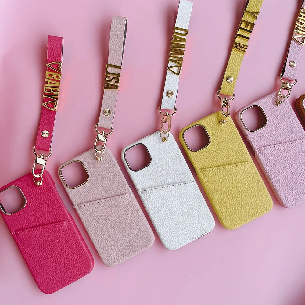 Personalise Pebble Leather Custom Name Card Holder Phone Case For iPhone 11 12 13 14 15Pro Max Protective Lanyard Bracelet Cover
