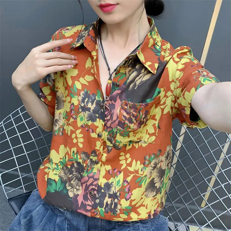 Women's Clothing Turn-down Collar Blouse Vintage Floral Printed Summer Short Sleeve Casual Stylish Pockets Spliced Button Shirt