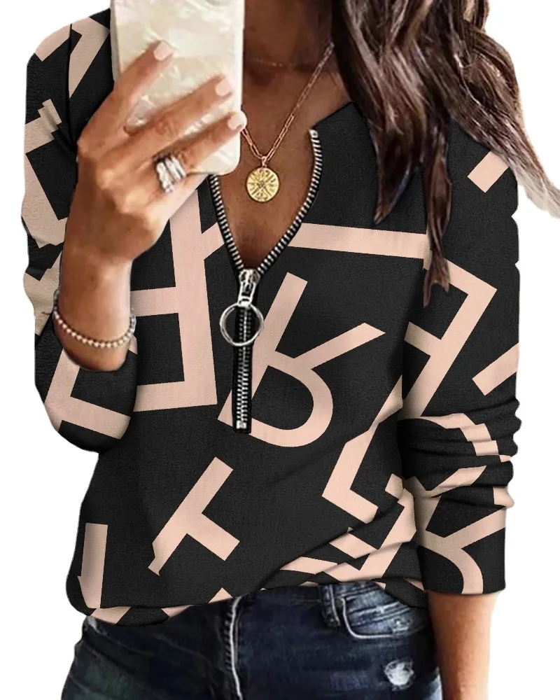 Women's Zipper Print Shirts& Blouses Casual Spring V-neck Long Sleeve Shirts For Women 2023 Elegant Office Pullover Blusas Top