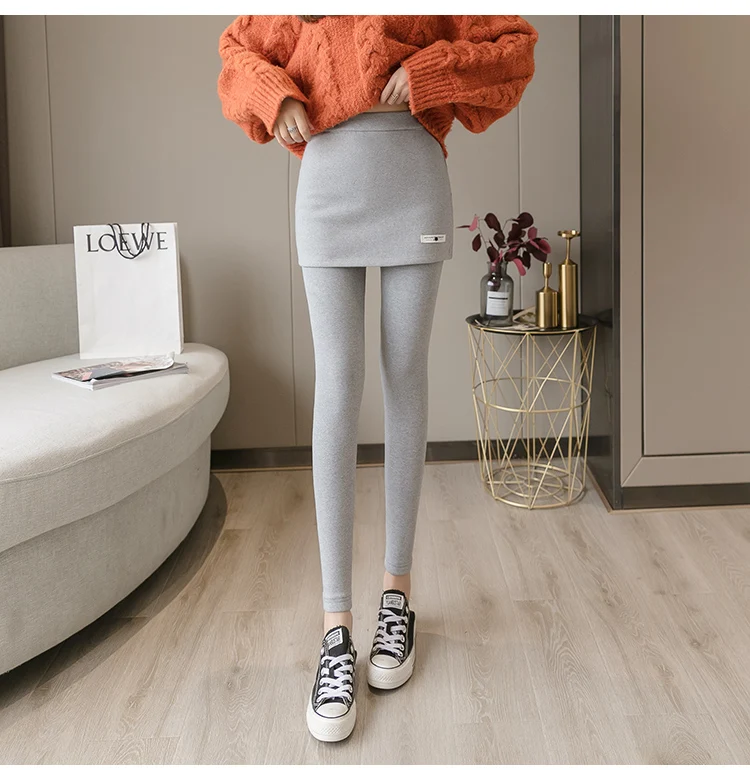 faux leather leggings Spring and autumn thin leggings with skirts fake two large size women's clothing to increase fat women's small culottes to wear white leggings Leggings