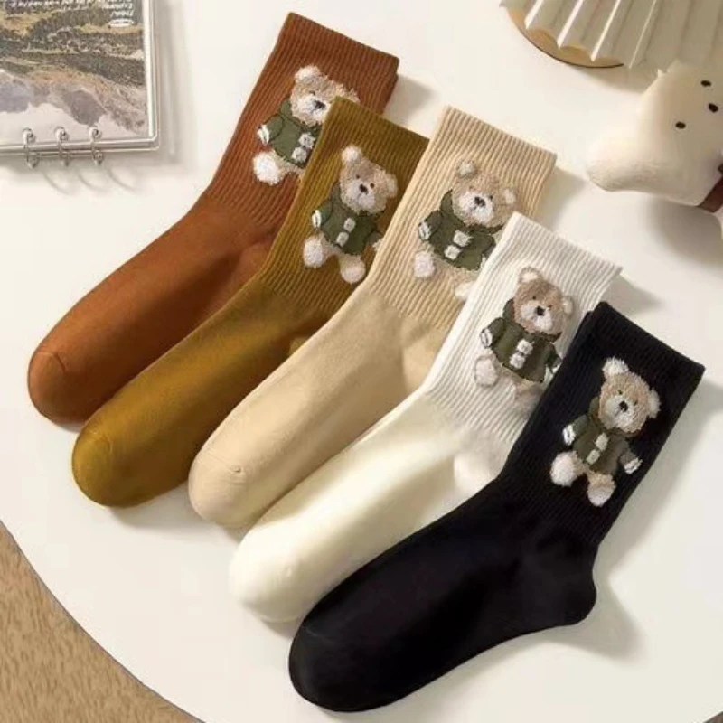 Socks Women\'S Autumn Winter Spring Kawaii Bear Cute Cartoon Harajuku Short Middle Tube Sock Sports Cotton Calcetines Mujer meias