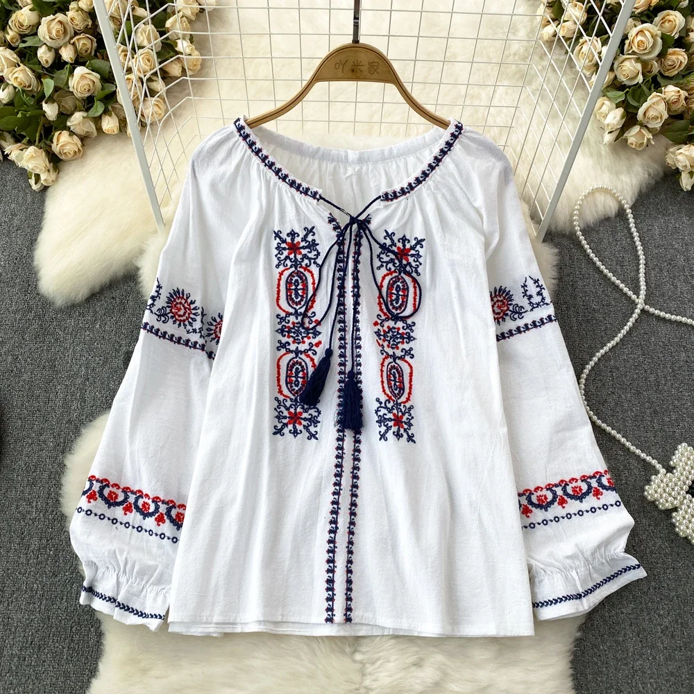 Chic Sweet Embroidery Tassels Long Sleeve Loose Blouse Elegant