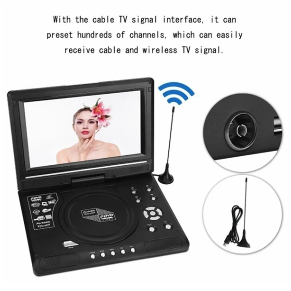 9 8 Portable DVD Player HD Video Player AV Input Output, Car Mini TV Playing Device, US UK EU AU Plug